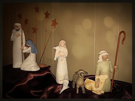 Shepherds walking away from the manger