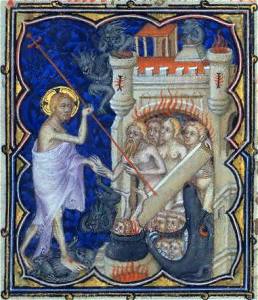 14th century manuscript illustrating the harrowing of hell